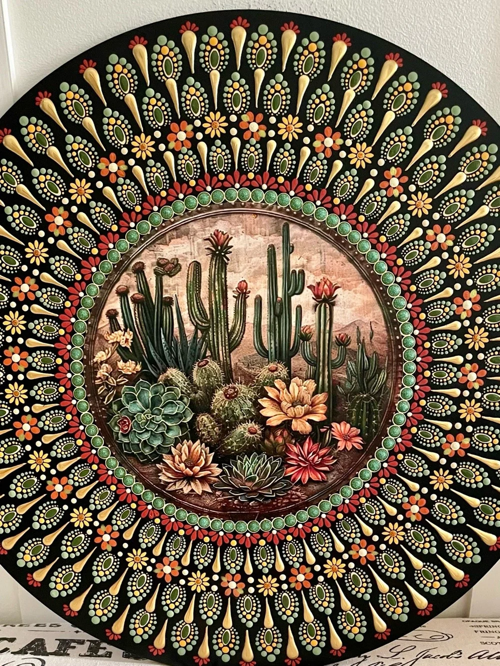 Hand painted 16 inch wood round with Desert Succulent Wall Décor Green & Orange